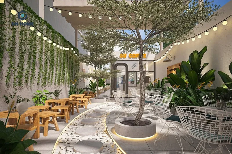 Có thể xây dựng giếng trời để tạo cảm giác thoáng đãng cho quán cafe 5x20m