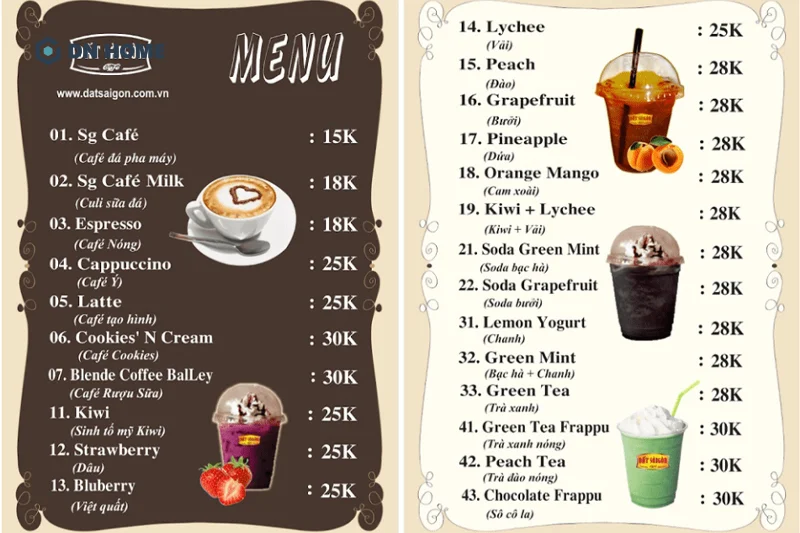 Menu quán cafe cá KOI nên có đa dạng món để khách hàng dễ dàng lựa chọn theo sở thích