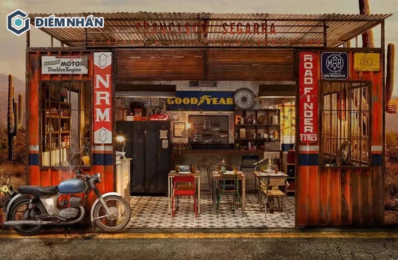 Quán cafe container thiết kế theo phong cách reto sử dụng tone màu trầm ấm làm chủ đạo