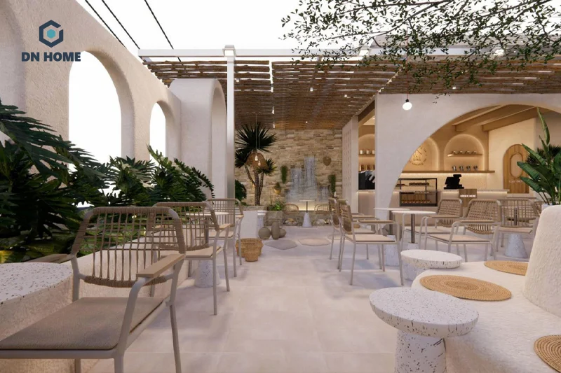 Quán cafe sân vườn MVH Coffee với thiết kế thoáng mát, thư giãn theo phong cách Địa Trung Hải 