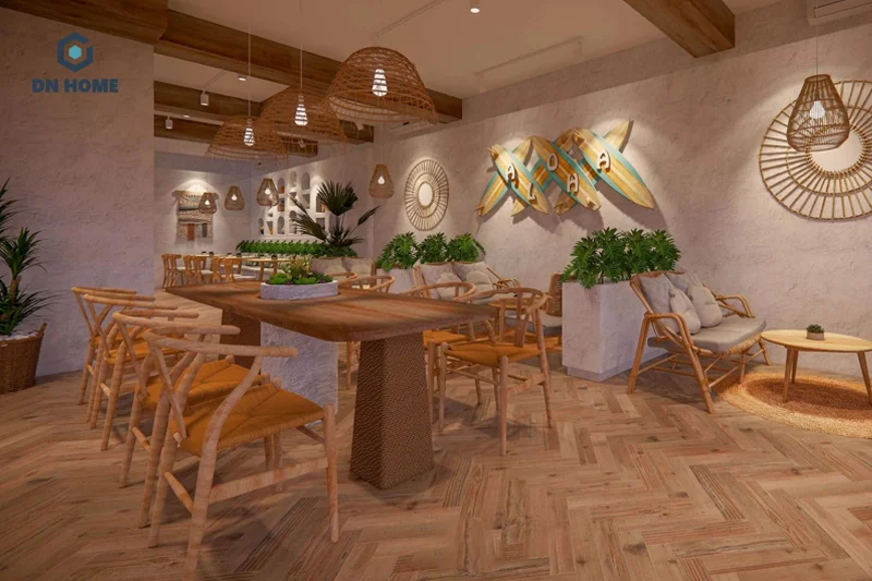 Các chi tiết trang trí độc đáo như đèn thả, ván lướt sóng,... tạo điểm nhấn cho không gian Aloha Coffee