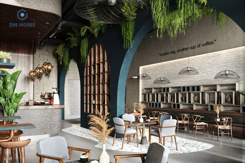 Nội thất kiểu dáng đơn giản với chất liệu gỗ là điểm đặc trưng của quán cafe Địa Trung Hải