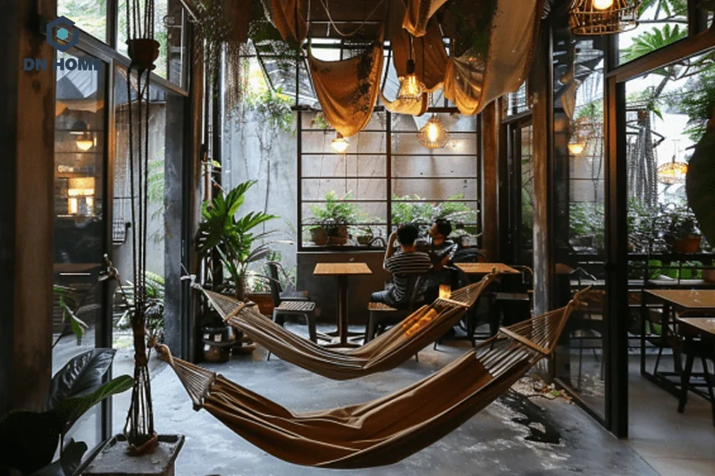 Quán cà phê võng phong cách cổ điển sử dụng tone màu trầm tối cùng vật liệu thô mộc làm chủ đạo