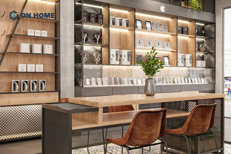 Các liệu thô mộc như gỗ, kim loại được sử dụng chủ đạo trong cửa hàng điện thoại phong cách công nghiệp