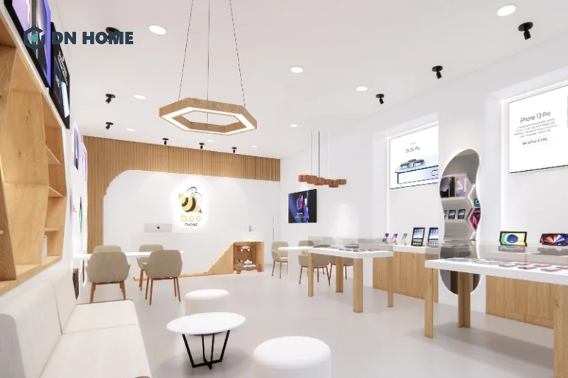 Gam màu trắng cùng gỗ sáng màu được sử dụng chủ đạo trong cửa hàng điện thoại phong cách Bắc Âu
