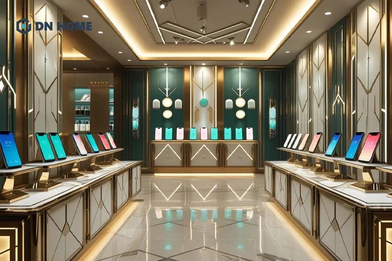 Phong cách Art Deco đề cao tính thẩm mỹ tạo nên không gian cửa hàng điện thoại đẹp, thu hút