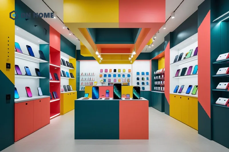 Phong cách Color Block phù hợp với cửa hàng điện thoại hướng đến tệp khách hàng trẻ trung, năng động