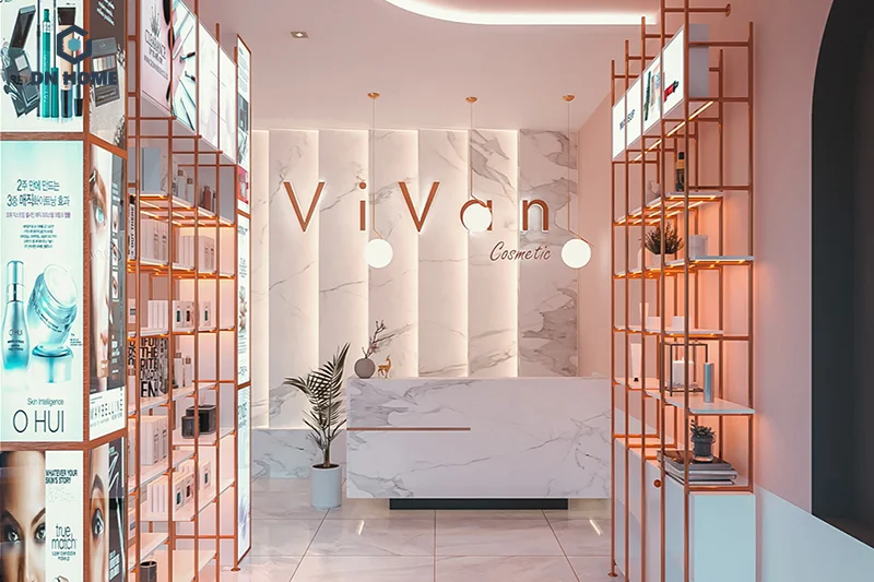 Kệ tủ trưng bày thiết kế đơn giản, giúp tối ưu diện tích bên trong không gian cửa hàng mỹ phẩm nhỏ
