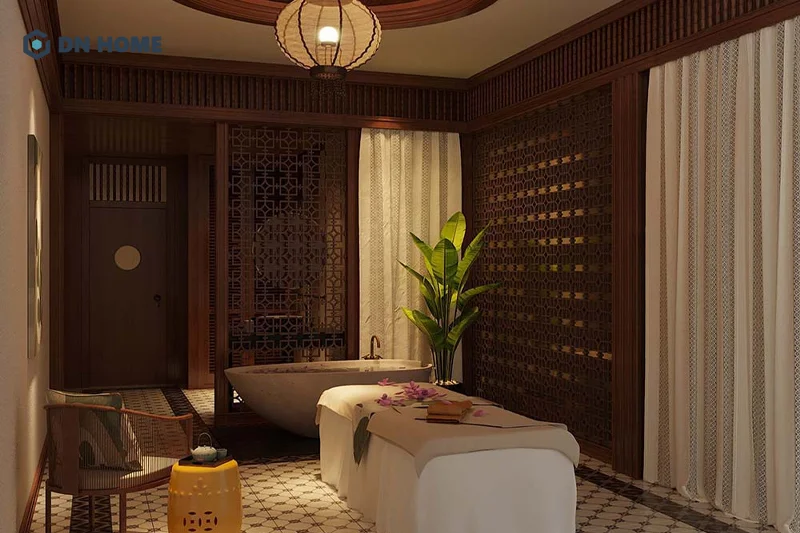 Spa thiết kế theo phong cách truyền thống sử dụng tone màu trầm ấm làm chủ đạo