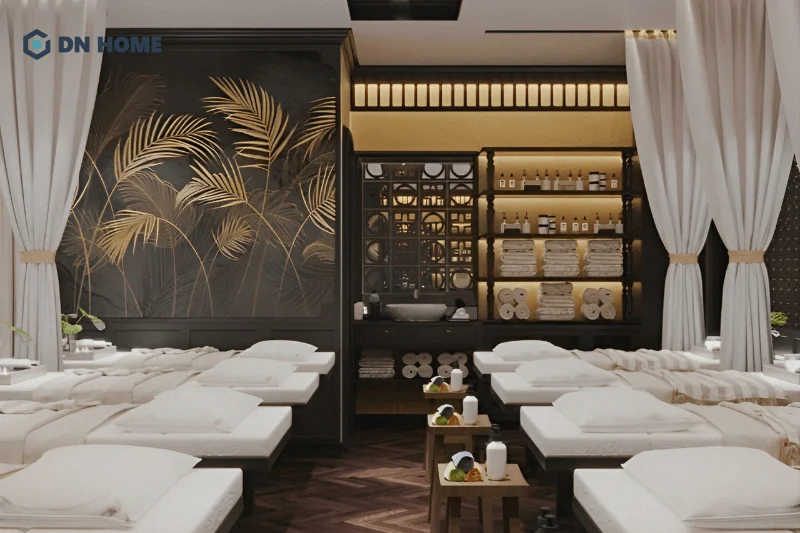 Các gam màu trầm truyền thống được sử dụng chủ đạo khi thiết kế spa phong cách Indochine