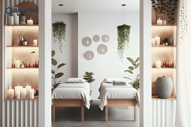 Các chi tiết như bình gốm, cây xanh là không thể thiếu khi trang trí spa phong cách Bắc Âu