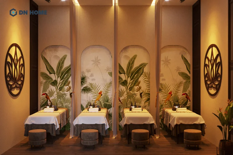 Các chi tiết như cây cối, hoa lá là đặc trưng trang trí không thể thiếu khi thiết kế spa phong cách nhiệt đới