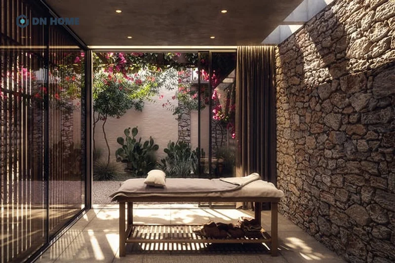 Các chất liệu như gỗ, mây, đá được sử dụng chủ đạo khi thiết kế spa phong cách Brutalism