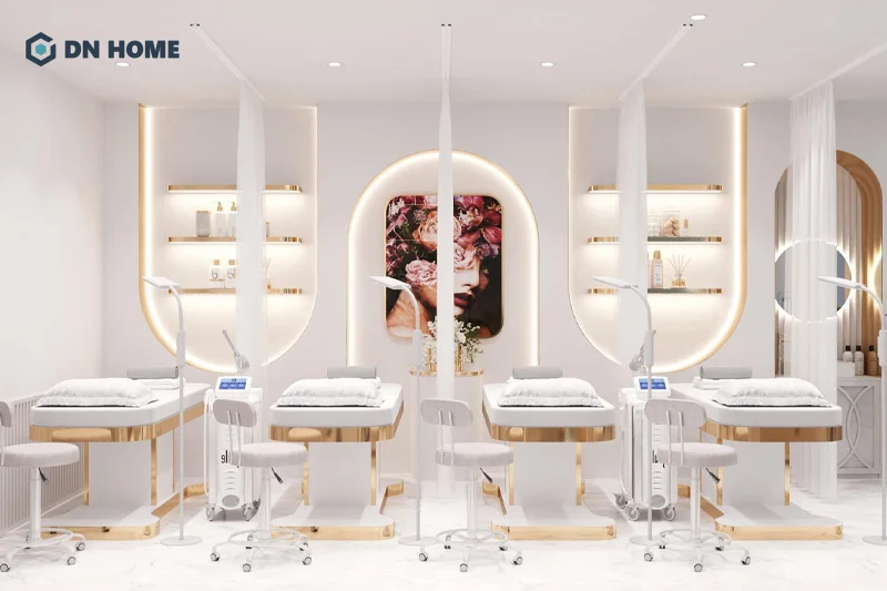 Chất liệu kim loại được sử dụng để làm điểm nhấn trong không gian spa hiện đại