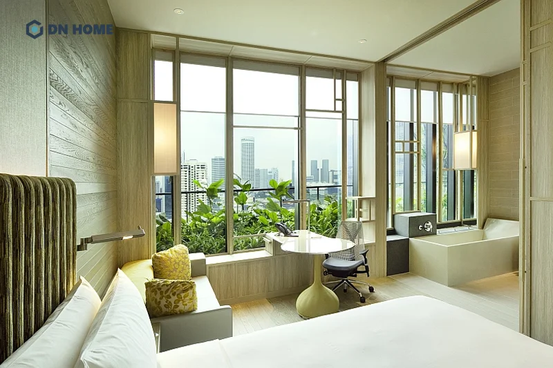 Chất liệu gỗ cùng ánh sáng tự nhiên và cây xanh là yếu tố không thể thiếu khi thiết kế nội thất khách sạn xanh