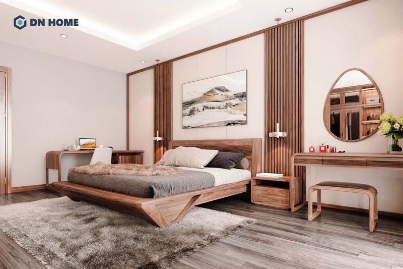 Bàn trang điểm phòng ngủ được làm bằng gỗ với kiểu dáng tối giản, phù hợp với phong cách tinh tế