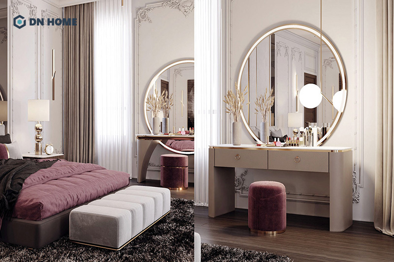 Mẫu bàn trang điểm kết hợp chất liệu kim loại mạ vàng mang đến vẻ đẹp sang trọng cho không gian phòng ngủ