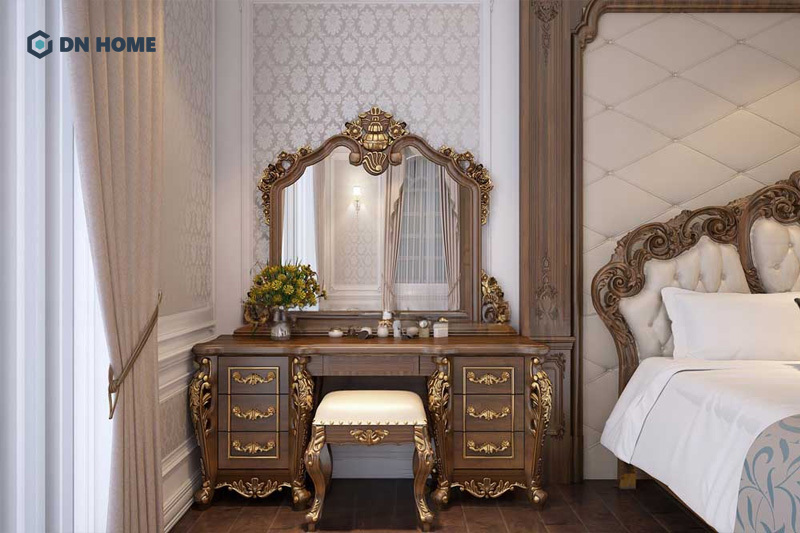 Mẫu bàn trang điểm được thiết kế điêu khắc phức tạp theo phong cách cổ điển Châu Âu