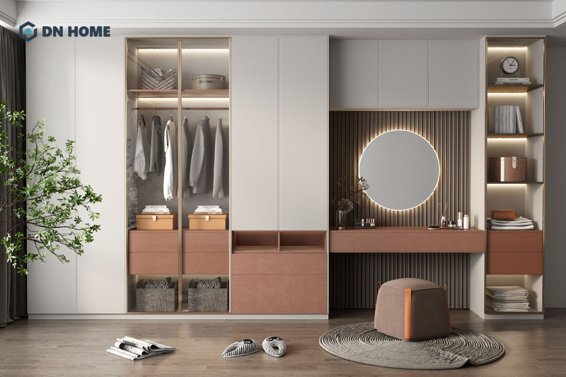 Bàn trang điểm tích hợp với hệ tủ trang trí thường phù hợp với những phòng ngủ có diện tích lớn