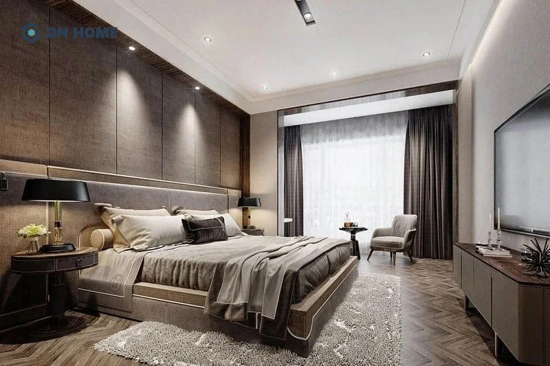 Có thể lựa chọn kiểu trần thạch cao đơn giản với thiết kế giật cấp tạo điểm nhấn cho phòng ngủ