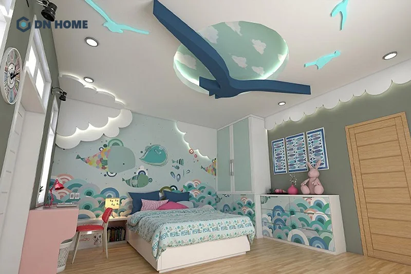 Các gam màu nam tính thường được sử dụng để tạo điểm nhấn cho trần thạch cao phòng ngủ bé trai
