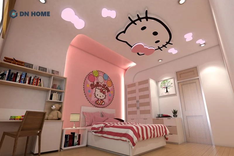 Phòng ngủ bé gái thường thiết kế trần thạch cao với các chi tiết trang trí nhân vật hoạt hình dễ thương