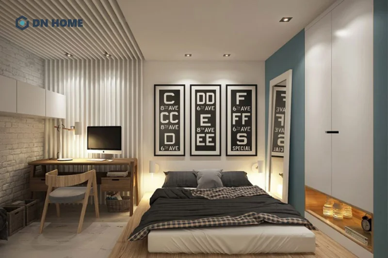 Với diện tích 15m2, nên lựa chọn trần thạch cao có kiểu dáng đơn giản để tạo cảm giác không gian thoáng đãng