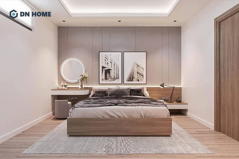 Mẫu trần thạch cao giật cấp kết hợp hiệu ứng đèn âm trần tạo chiều sau cho phòng ngủ 15m2