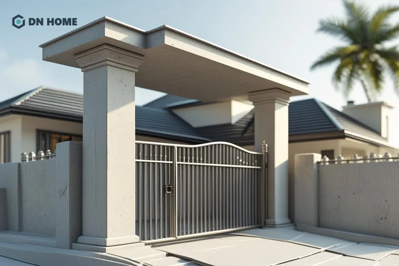Độ bền và sự vững chắc là điểm cộng lớn nhất của mẫu trụ cổng nhà làm bằng bê tông có mái