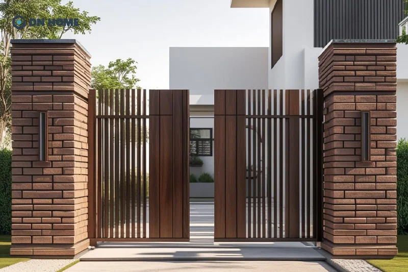 Trụ cổng được làm từ gạch kết hợp với gỗ mãng đến cảm giác mộc mạc và gần gũi cho ngôi nhà
