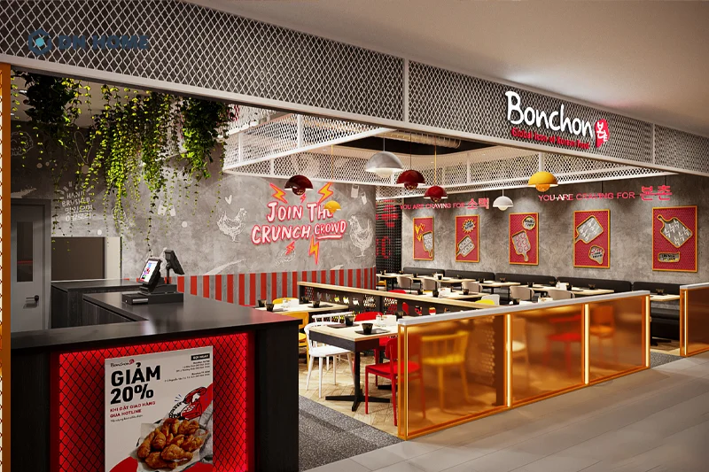Các tone màu sặc sỡ thường được sử dụng chủ đạo trong nhà hàng Fast Food / Take Away để kích thích vị giác