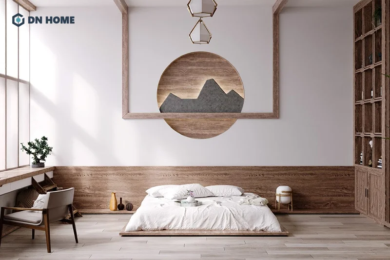 Chất liệu gỗ thường được sử dụng trong phòng ngủ không giường Nhật Bản để tạo cảm giác gần gũi với thiên nhiên