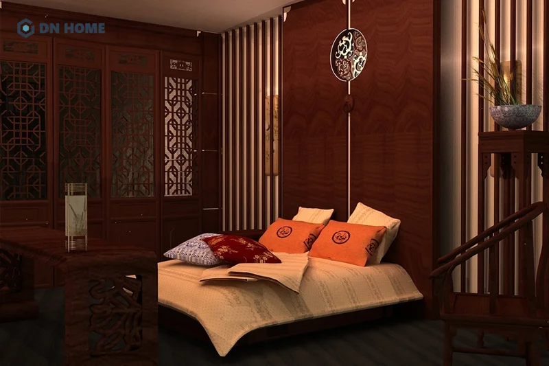 Chất liệu gỗ cùng màu sắc trầm ấm và hoa văn đậm phong cách Trung Quốc tạo nên không gian hoài niệm, gần gũi