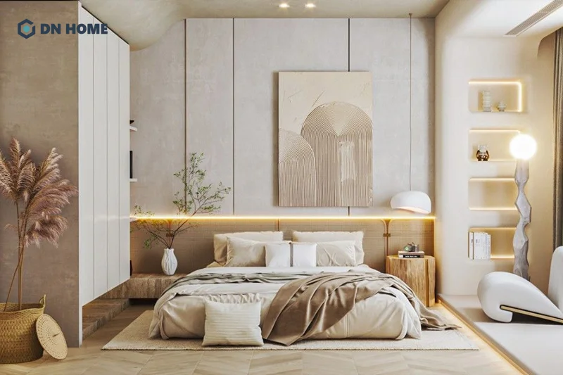 Mẫu phòng ngủ không giường dành cho vợ chồng nên ưu tiên các tone màu trung tính và ấm áp, gần gũi
