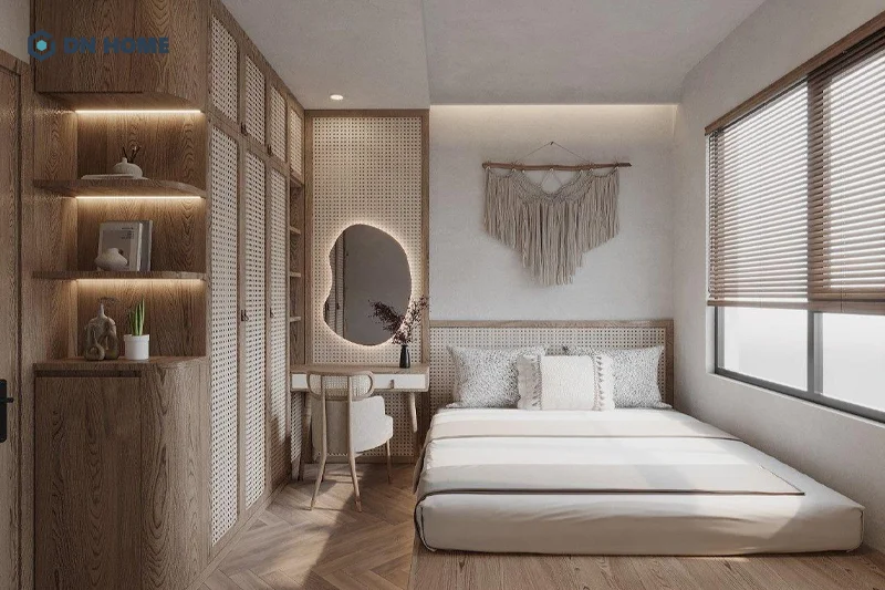 Nên sử dụng chất liệu gỗ để tạo cảm giác thân thuộc khi thiết kế phòng ngủ không giường dành cho vợ chồng