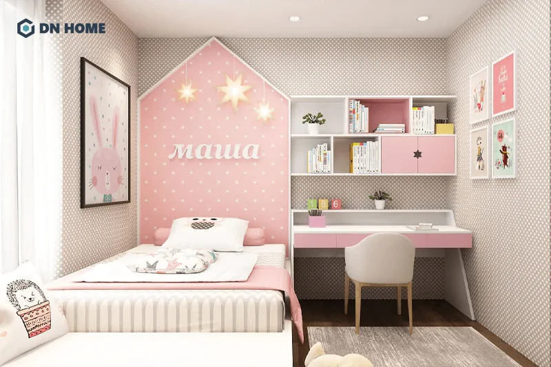 Mẫu phòng ngủ không cần giường được thiết kế dành cho bé gái với tone màu hồng nữ tính
