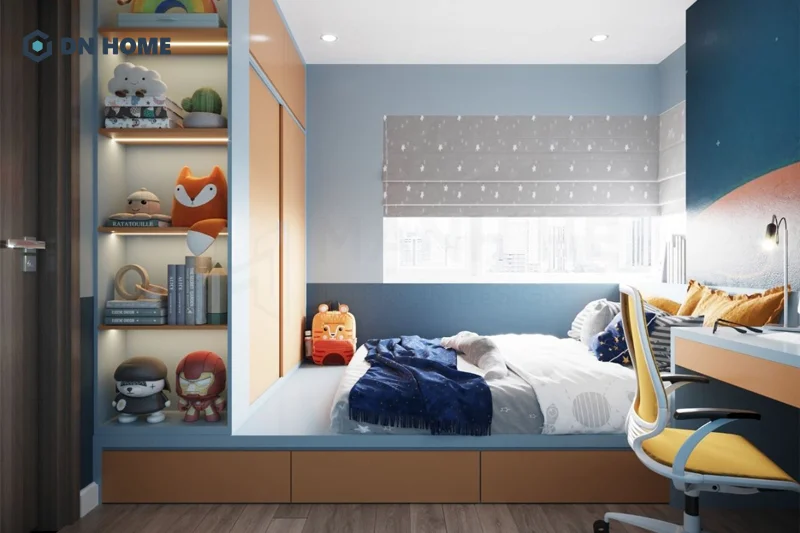 Thiết kế phòng ngủ không giường dành cho bé trai với tone màu xanh dương làm chủ đạo