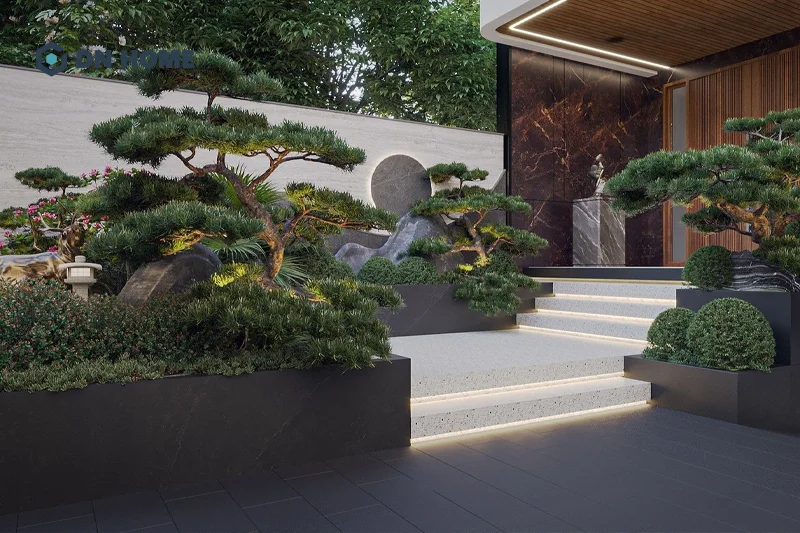 Mẫu sân vườn nhỏ thiết kế theo phong cách Nhật Bản với cây bonsai làm chủ đạo