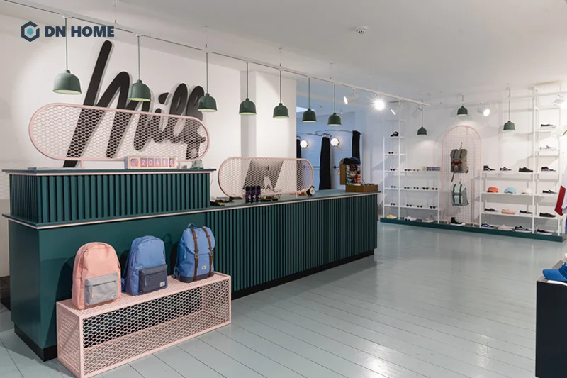 Thiết kế shop balo hướng đến đối tượng khách trẻ trung nên ưu tiên phong cách thiết kế hiện đại, phóng khoáng
