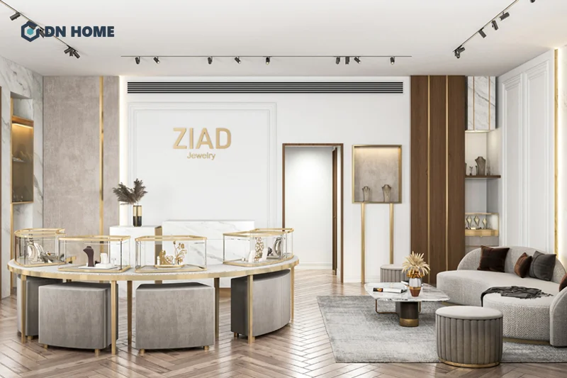 Cửa hàng trang sức diện tích khiêm tốn nên lựa chọn phong cách thiết kế có đường nét tinh xảo