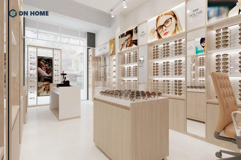 Shop kính thời trang được thiết kế với phong cách hiện đại và bố trí đèn thông minh làm nổi bật sản phẩm 