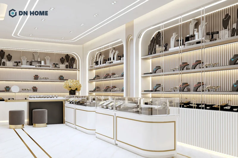 Mẫu shop trang sức cao cấp được thiết kế theo phong cách sang trọng, làm nổi bật sản phẩm