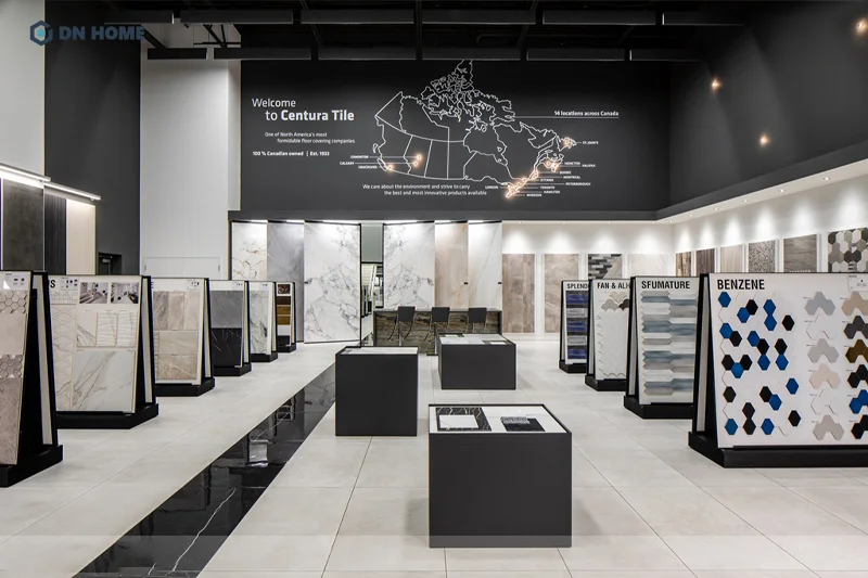 Nên bố trí lối đi bên trong phòng showroom gạch ốp lát thoáng đãng, rộng rãi và gọn gàng