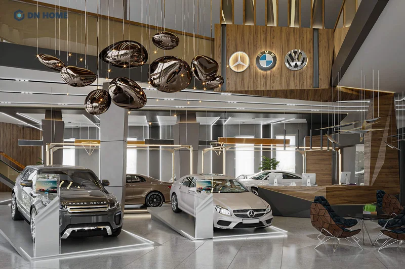 Mẫu thiết kế phòng showroom trưng bày ô tô theo dạng hình khối sang trọng, ấn tượng