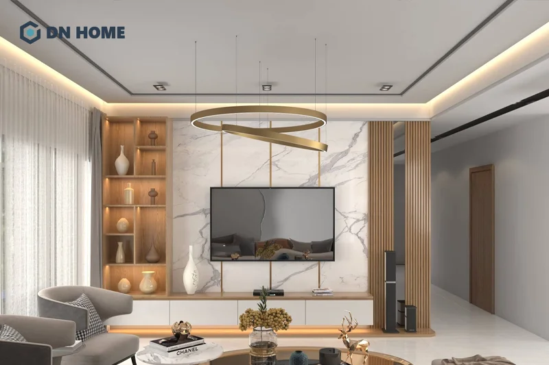 Đèn treo thiết kế hiện đại là lựa chọn lý tưởng để làm điểm nhấn cho trần thạch cao phẳng phòng khách
