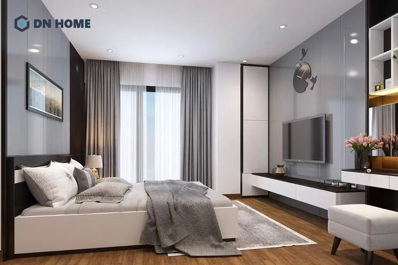 Màu sắc của trần thạch cao bề mặt phẳng cần có sự hài hòa với màu sắc tổng thể phòng ngủ 
