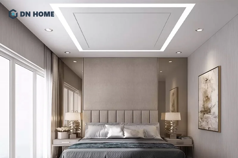 Mẫu trần thạch cao phẳng trong phòng ngủ được thiết kế kết hợp hệ thống đèn âm trần