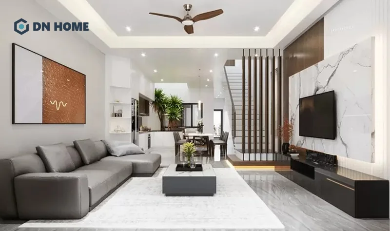 Có thể lắp đặt đèn âm tường với trần thạch cao bề mặt phẳng tăng tính thẩm mỹ cho phòng khách