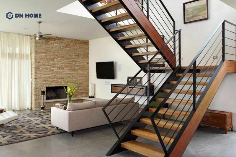 Kiểu thiết kế cầu thang sắt lửng kết hợp gỗ thể hiện sự cá tính, hiện đại của không gian nội thất