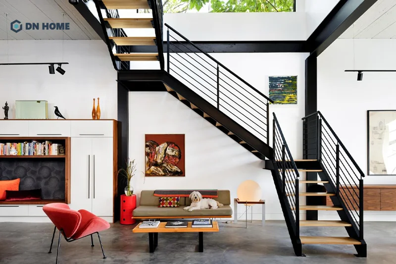 Cầu thang sắt lửng phù hợp với những phong cách thiết kế mộc mạc, cá tính và ấn tượng